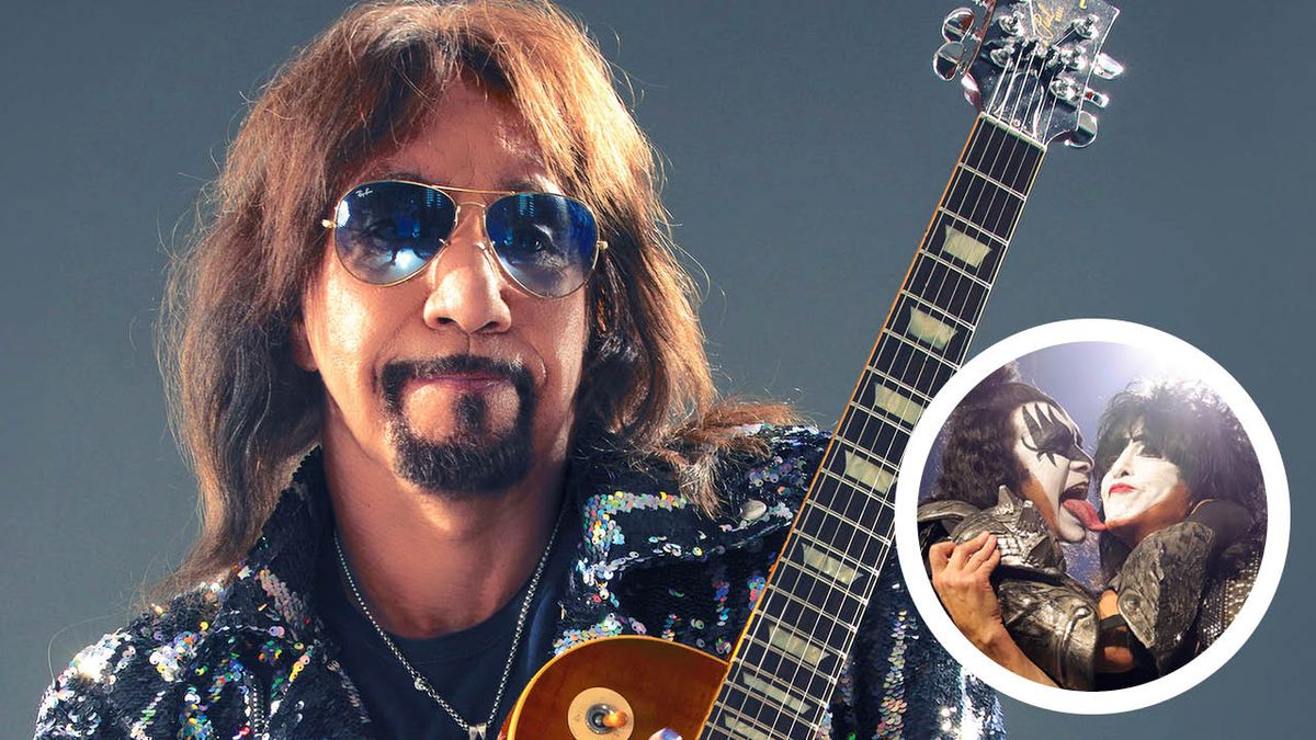 Former Kiss guitarist Ace Frehley with an inset of Gene Simmons and Paul Stanley