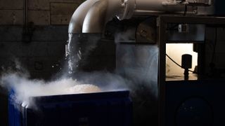 Dry ice pellets can be used to maintain the ultra-cold temperatures required for Pfizer/BioNTech’s COVID-19 vaccine. Shown here, those pellets are being manufactured at Capitol Carbonic, a dry ice factory, in Baltimore, Maryland, on Nov. 20, 2020