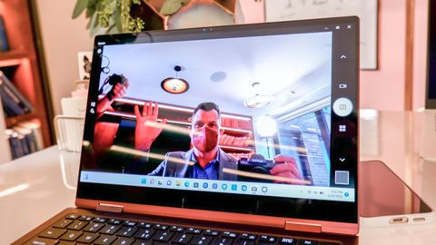 Samsung Galaxy Book2 Pro 360 open on table showing webcam display