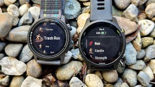 The COROS PACE 3 (left) and Garmin Forerunner 255 (right) showing their respective sport start screens