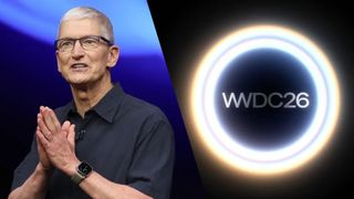 Tim Cook next to WWDC 2026 invite image