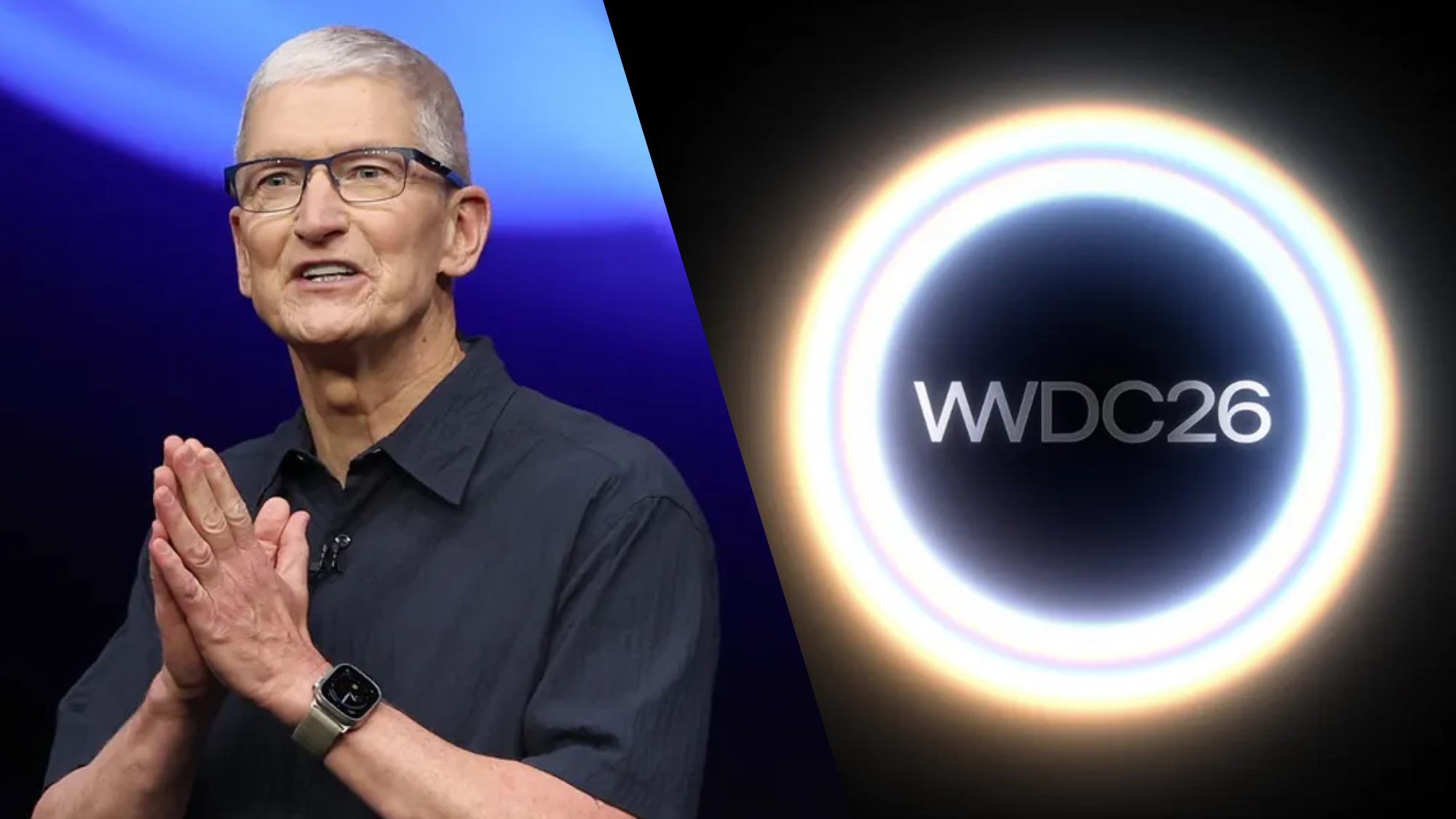 Tim Cook next to WWDC 2026 invite image