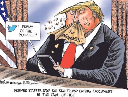 Political cartoon U.S. Trump Omarosa first amendment eating paper Unhinged twitter