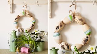 Easter decorations and spring flowers with an Easter egg wreath