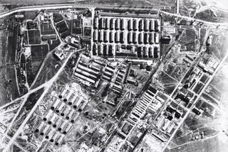 Aerial photographs such as this one, taken above Auschwitz on April 4,1944, gave the Allies limited information about the layout and distribution of buildings.