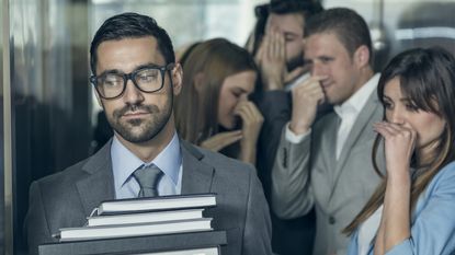 Coworkers react to an employee who has bad body odor on an elevator.