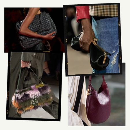 a collage of detail runway images featuring the handbag trends of fall/winter 2026
