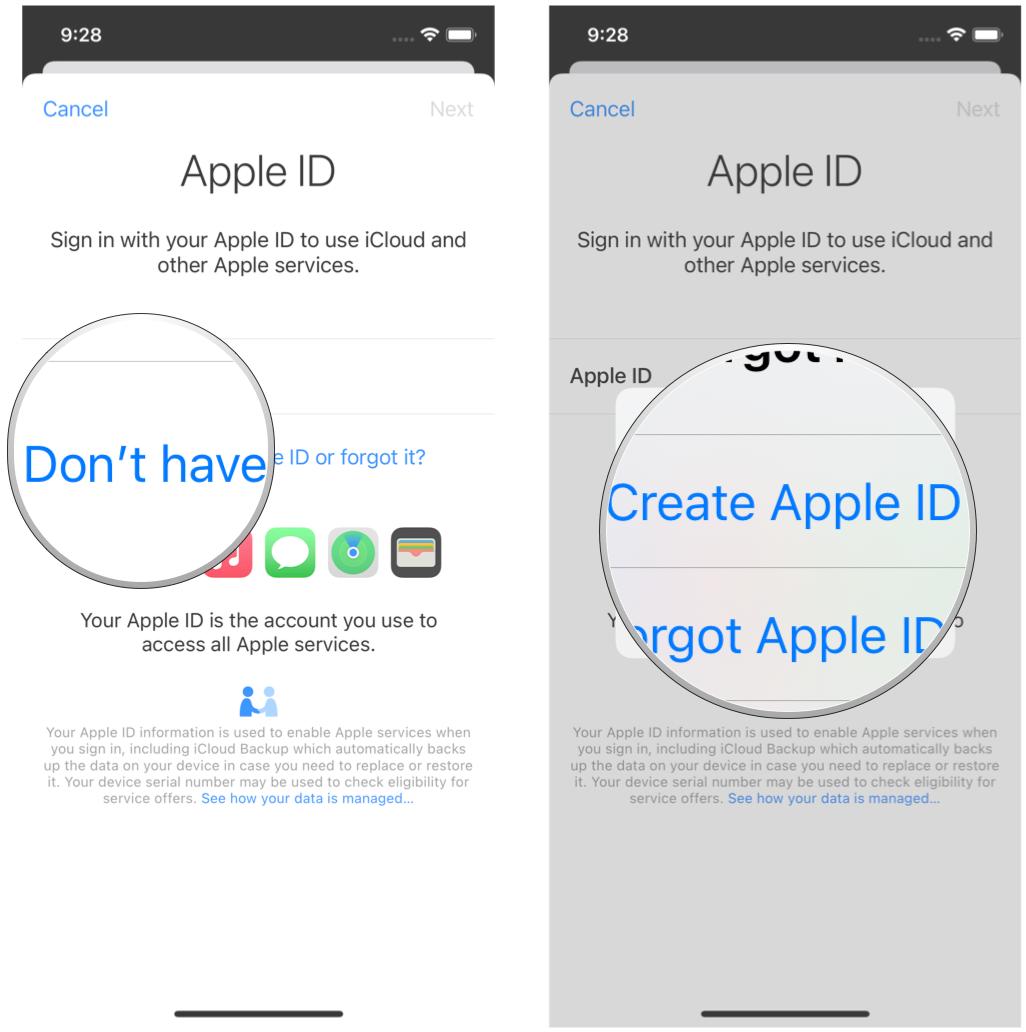 Создайте новый Apple ID на iPhone, показав: Нажмите «Нет Apple ID или забыли его?», затем нажмите «Создать Apple ID».
