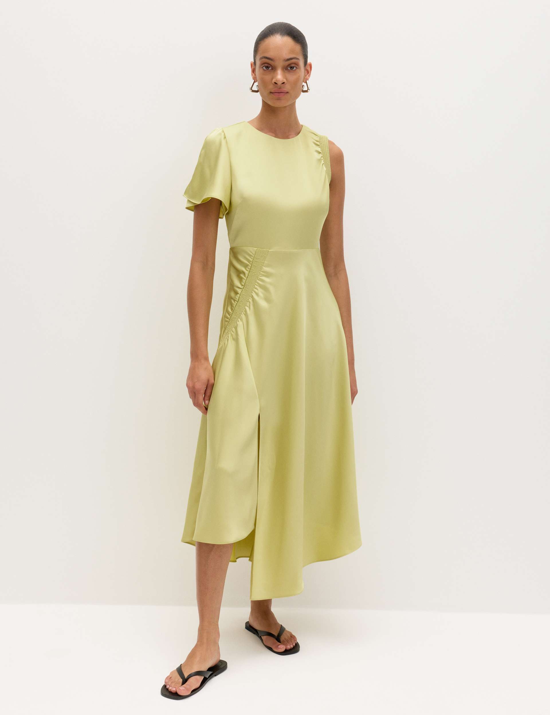 Satin Round Neck Asymmetric Midi Waisted Dress