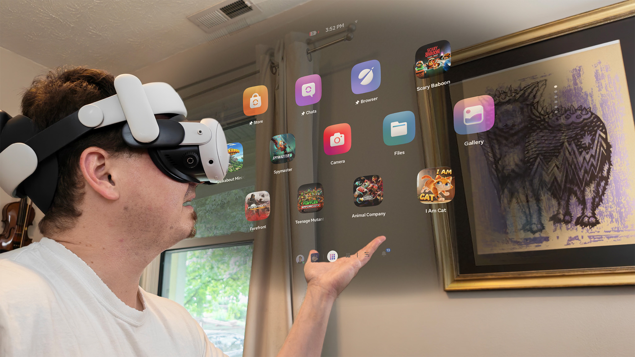Wearing a Meta Quest 3 headset with the Navigator menu UI overlayed on the image