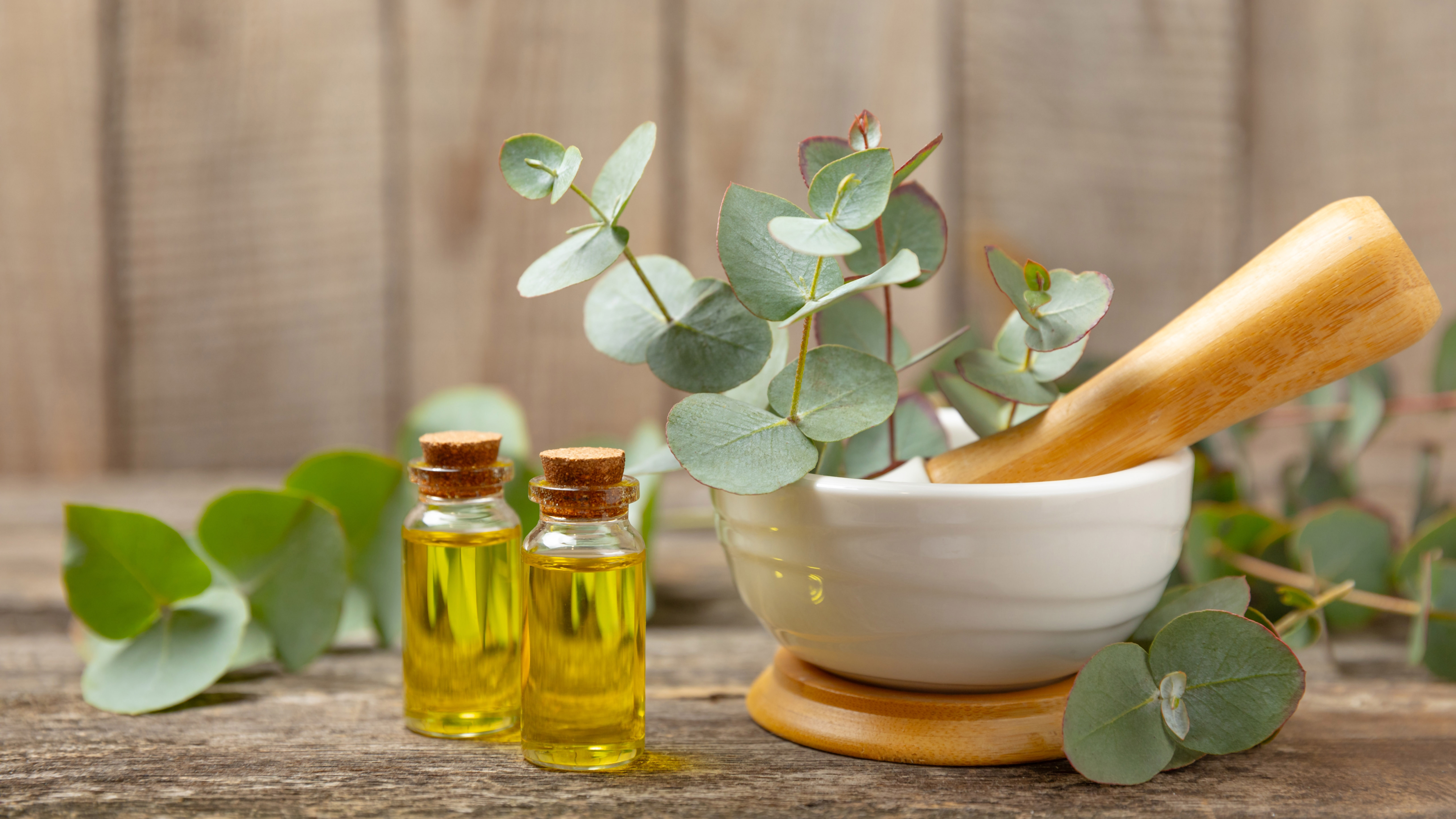 Eucalyptus oil in two bottles next to white bowl with leaves