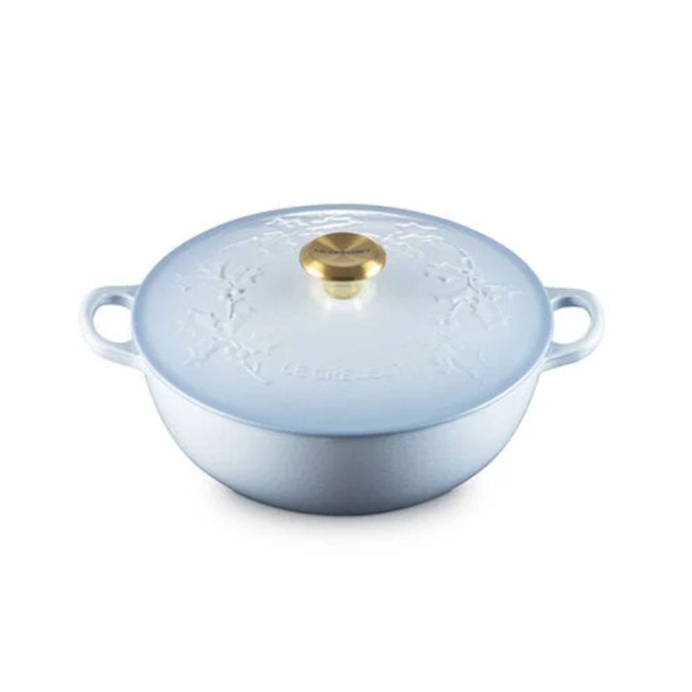 Light blue Le Creuset dish with holly leaf design