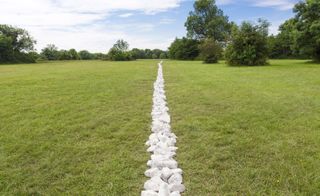 A long path with hundreds of heavy, chalky stones on a well-trod path across a field