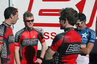 John Murphy (2nd left) has two exceptionally experienced mentors for the Spring Classics, Alessandro Ballan (left) and George Hincapie (right).