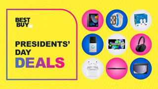 Various tech products from the Best Buy Presidents Day sale on a yellow background