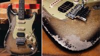 Two angles of a relic'd Fender Custom Shop Stratocaster