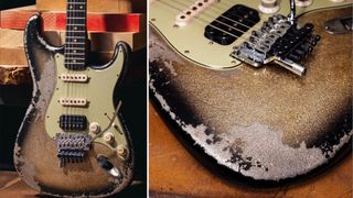 Two angles of a relic'd Fender Custom Shop Stratocaster