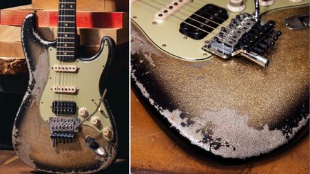 Two angles of a relic'd Fender Custom Shop Stratocaster