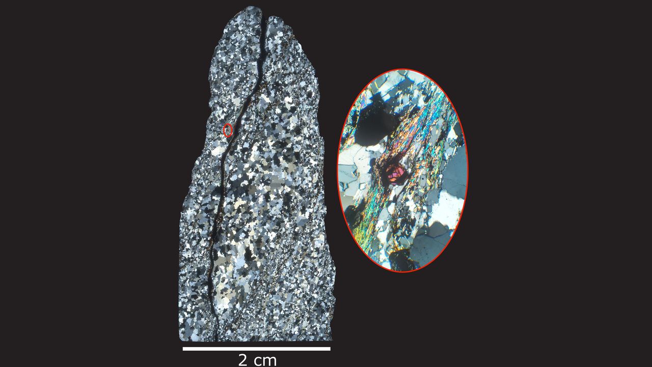 A special microscope allowed researchers to identify ancient zircons (magenta) within rock samples from Jack Hills.