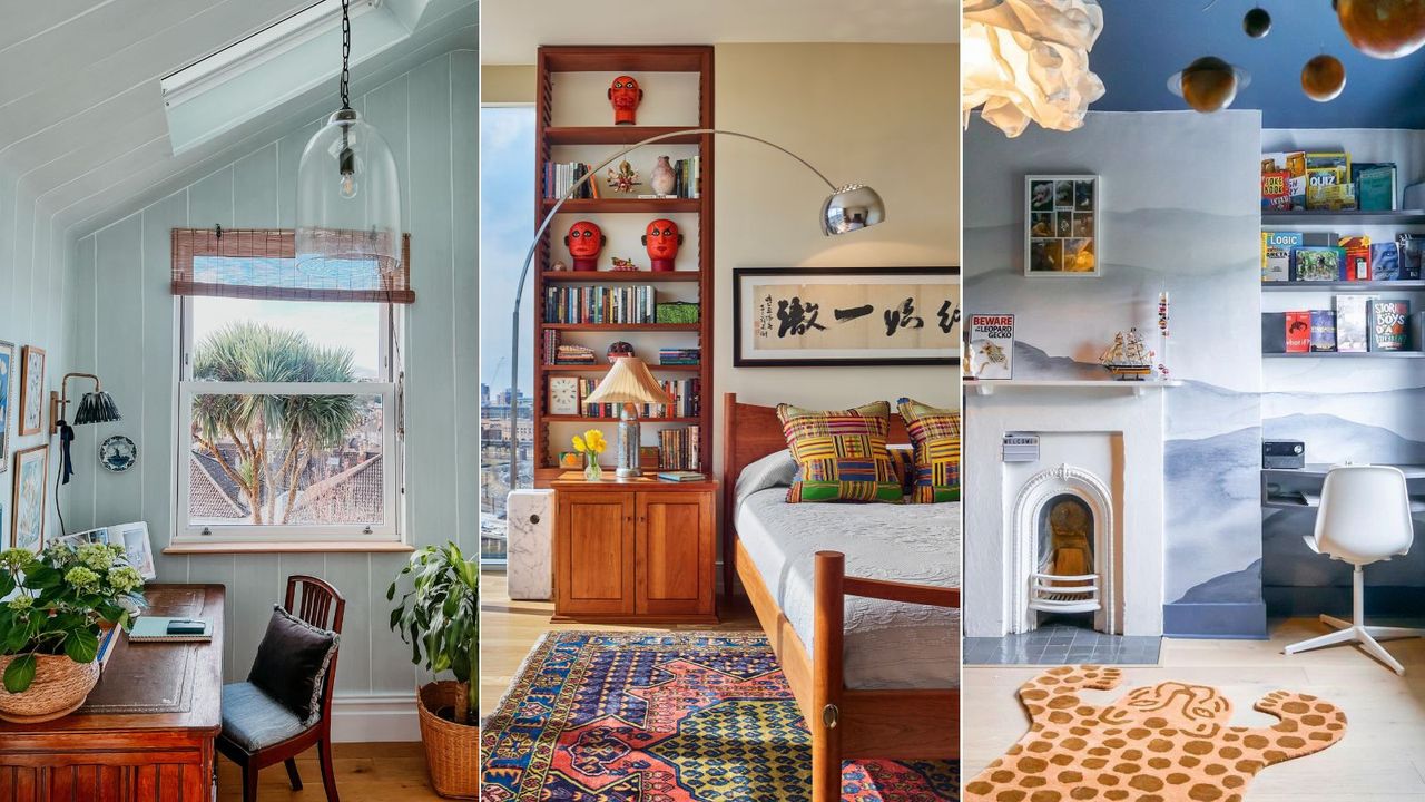 Three rooms with interesting shapes: a slanted row of skylights, a full-wall window and bookcase in a bedroom, and a small fireplace in a kid&#039;s room