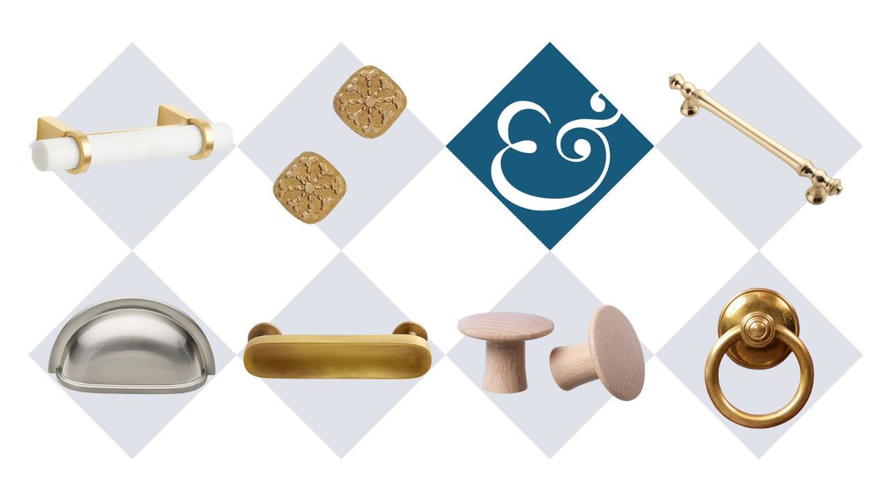 A collage of kitchen cabinet hardware