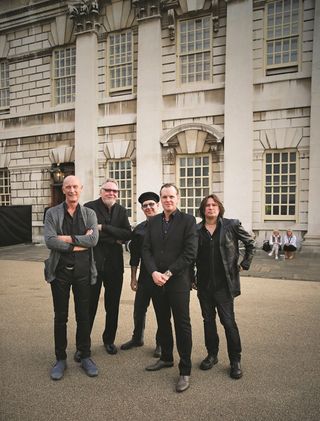 Bonamassa and his band—(from left) bassist Michael Rhodes, keyboardist Reese Wynans, drummer Anton Fig and guitarist Russ Irwin—outside the Old Royal Naval College in Greenwich, London.