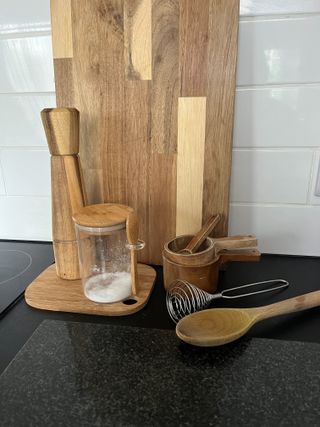 Wooden kitchen utensils and chopping boards