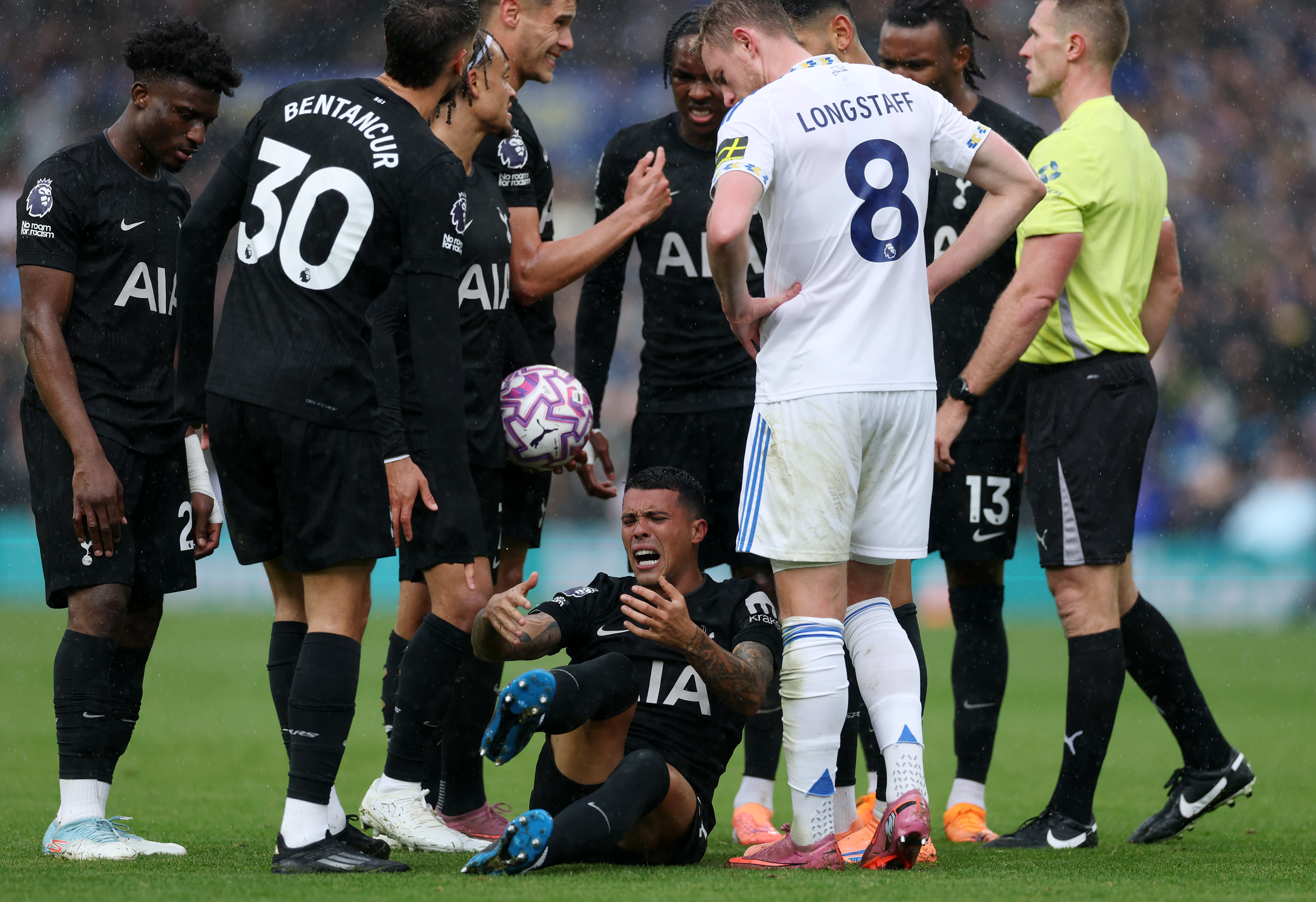 LEEDS, ENGLAND - OCTOBER 04: Pedro Porro of Tottenham Hotspur goes down with an injury during the Premier League match between Leeds United and Tottenham Hotspur at Elland Road on October 04, 2025 in Leeds, England. (Photo by Stu Forster/Getty Images)