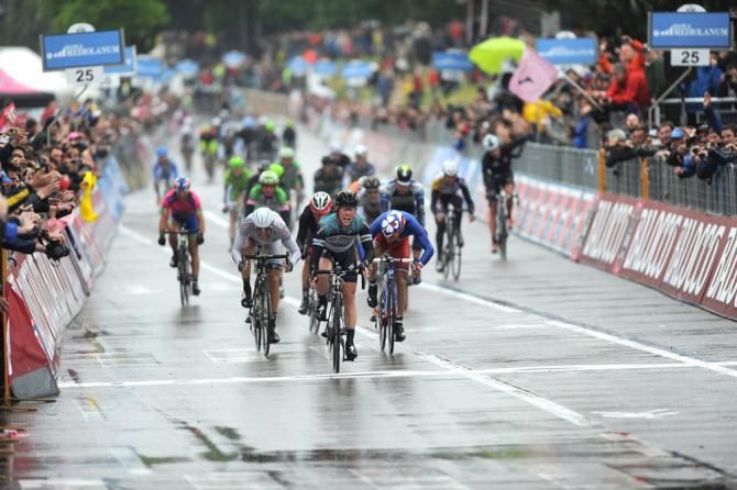 Mark Cavendish (Omega Pharma-QuickStep) won stage 12 of the Giro ahead of French champion Nacer Bouhanni (FDJ) and Luka Mezgec (Argos-Shimano)