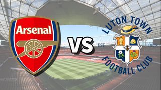 The Arsenal and Luton Town club badges on top of a photo of Emirates Stadium in London, England