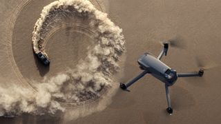DJI Mavic 3 drone flying above a desert landscape