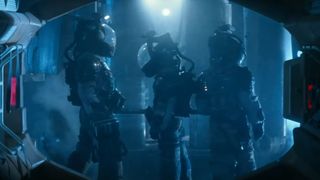 Three astronauts leaving a spaceship during one of the best movies on Hulu, Alien.