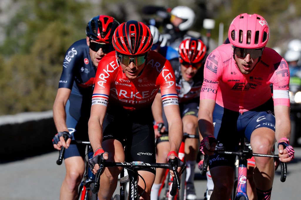 LEVENS FRANCE MARCH 14 Warren Barguil of France and Team Arkea Samsic Jonas Rutsch of Germany and Team EF Education Nippo during the 79th Paris Nice 2021 Stage 8 a 927km stage from Le PlanduVar to Levens 518m Breakaway Stage itinerary redesigned due to COVID19 lockdown imposed in the city of Nice ParisNice on March 14 2021 in Levens France Photo by Bas CzerwinskiGetty Images