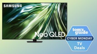 The Samsung QN90D Neo QLED TV against a colorful background alongside a badge that read's Tom's Guide Cyber Monday TV Deals