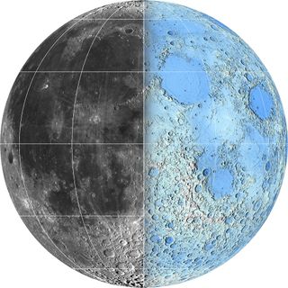 A map, based on Lunar Reconnaissance Orbiter data, showing an image of the moon (left) and its topography (right). The image at left was stretched to emphasize the mare, or low-lying areas formed by volcanic eruptions.