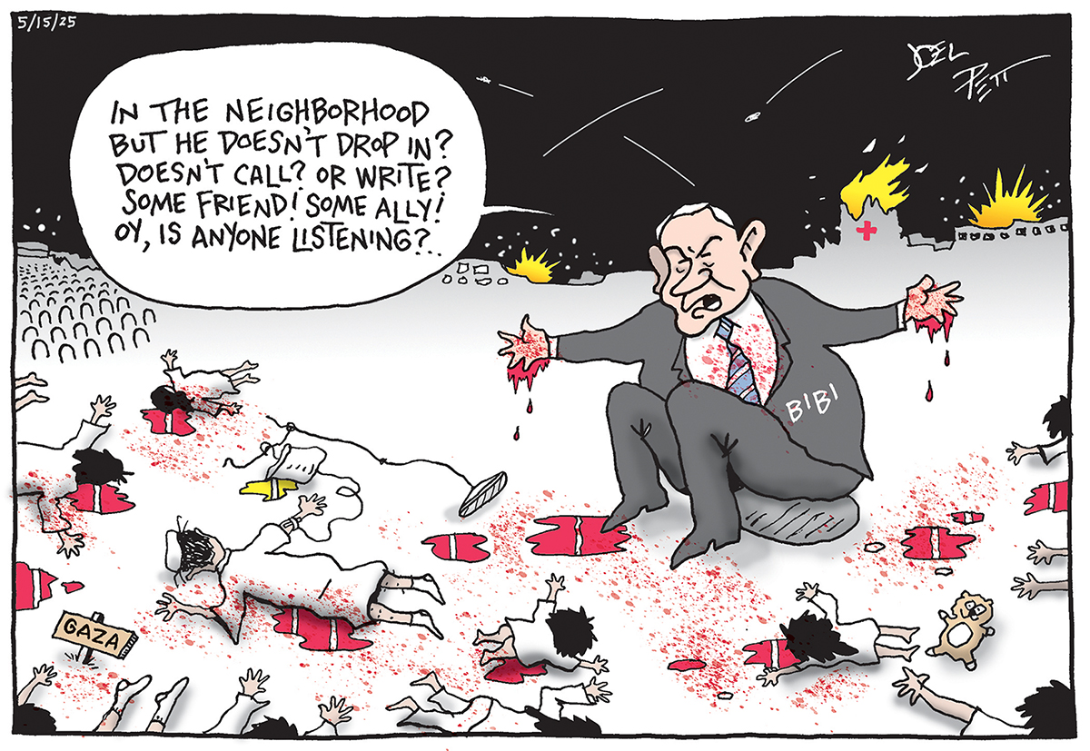 Benjamin Netanyahu ("BIBI" is written on his suit) sits on a rock with his hands outstretched and dripping with blood. He has a distressed expression and is saying, "IN THE NEIGHBORHOOD BUT HE DOESN'T DROP IN? DOESN'T CALL? OR WRITE? SOME FRIEND! SOME ALLY! OY, IS ANYONE LISTENING?...". Around him, the ground is littered with numerous bodies lying in pools of blood. In the lower left corner, a sign reads "GAZA". In the background, there is a dark sky with explosions or conflict depicted by bursts of yellow and red.