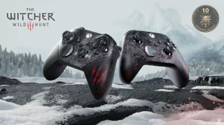 Two Xbox controllers with designs themed after The Witcher 3: Wild Hunt