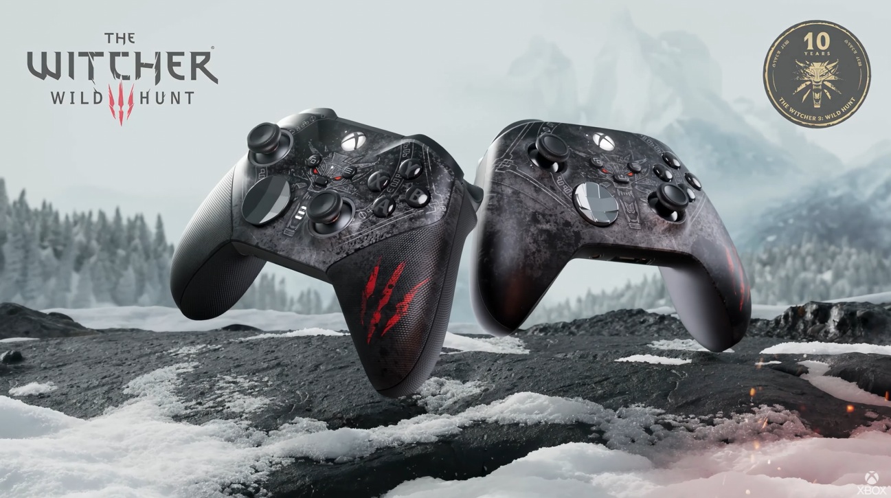 Two Xbox controllers with designs themed after The Witcher 3: Wild Hunt