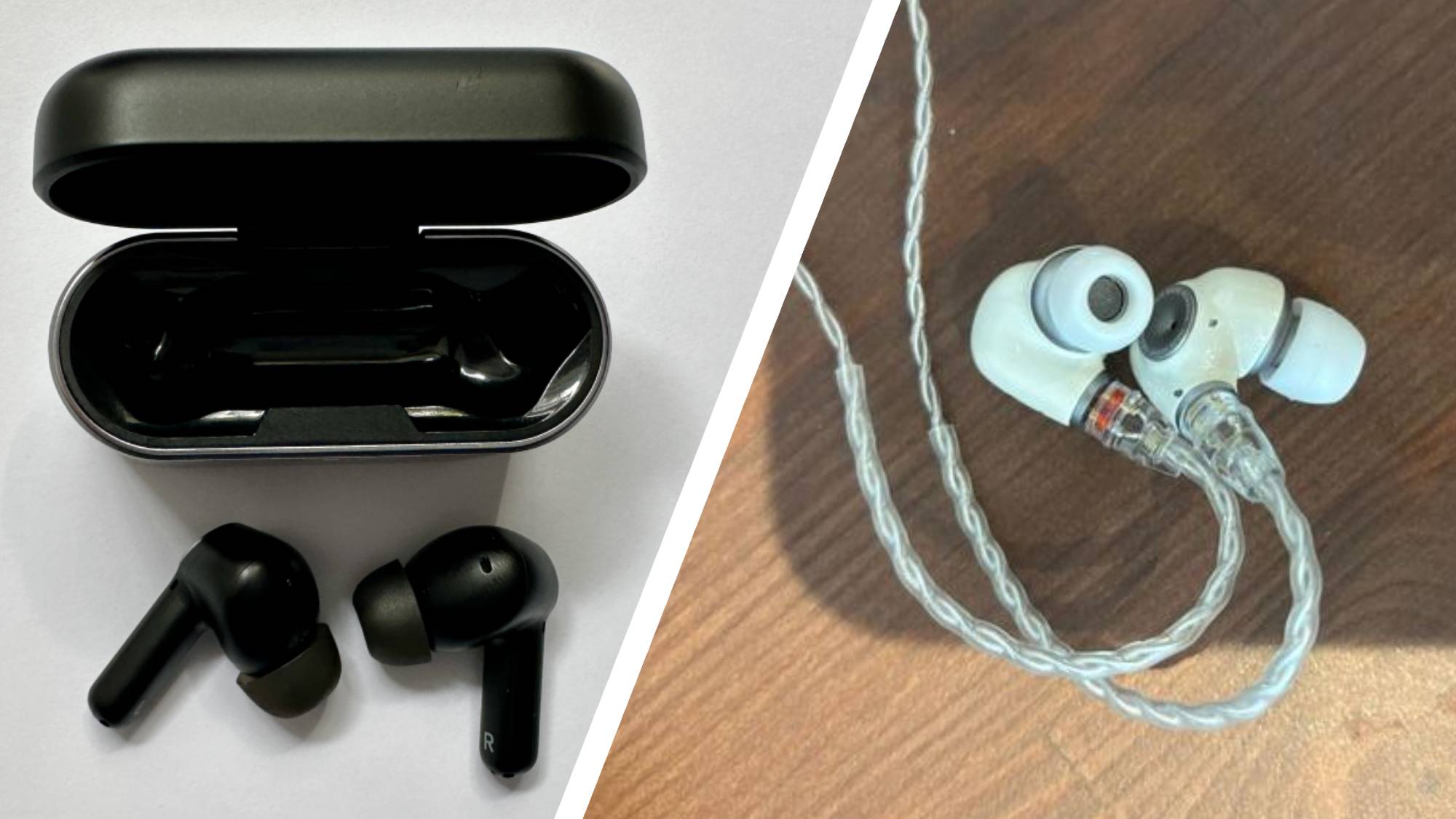 The Cambridge Audio melomania earbuds next to the Meze Audio Alba earbuds