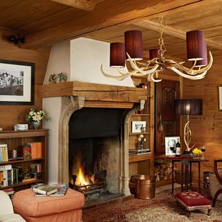 living room with fire place and antlers