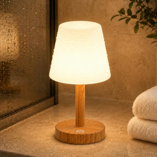 Rechargeable Table Lamp, Mini Cordless Shower Lamp for Bathroom, Ip54 | 2000mah Battery Operated, Soft Glow for Shower Shelves, Vanity, Bedside and Patios, 3 Color Ttemperatures, Ttouch Dimming