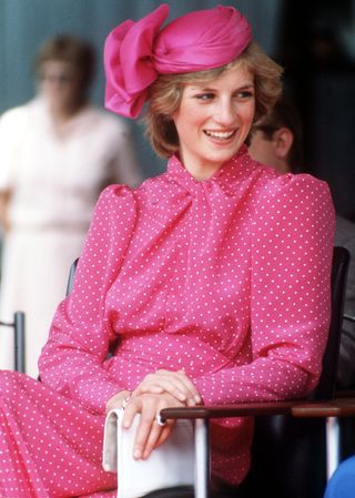 Princess Diana wearing a pink and white polka dot during her visit to Perth, Australia, March 1983