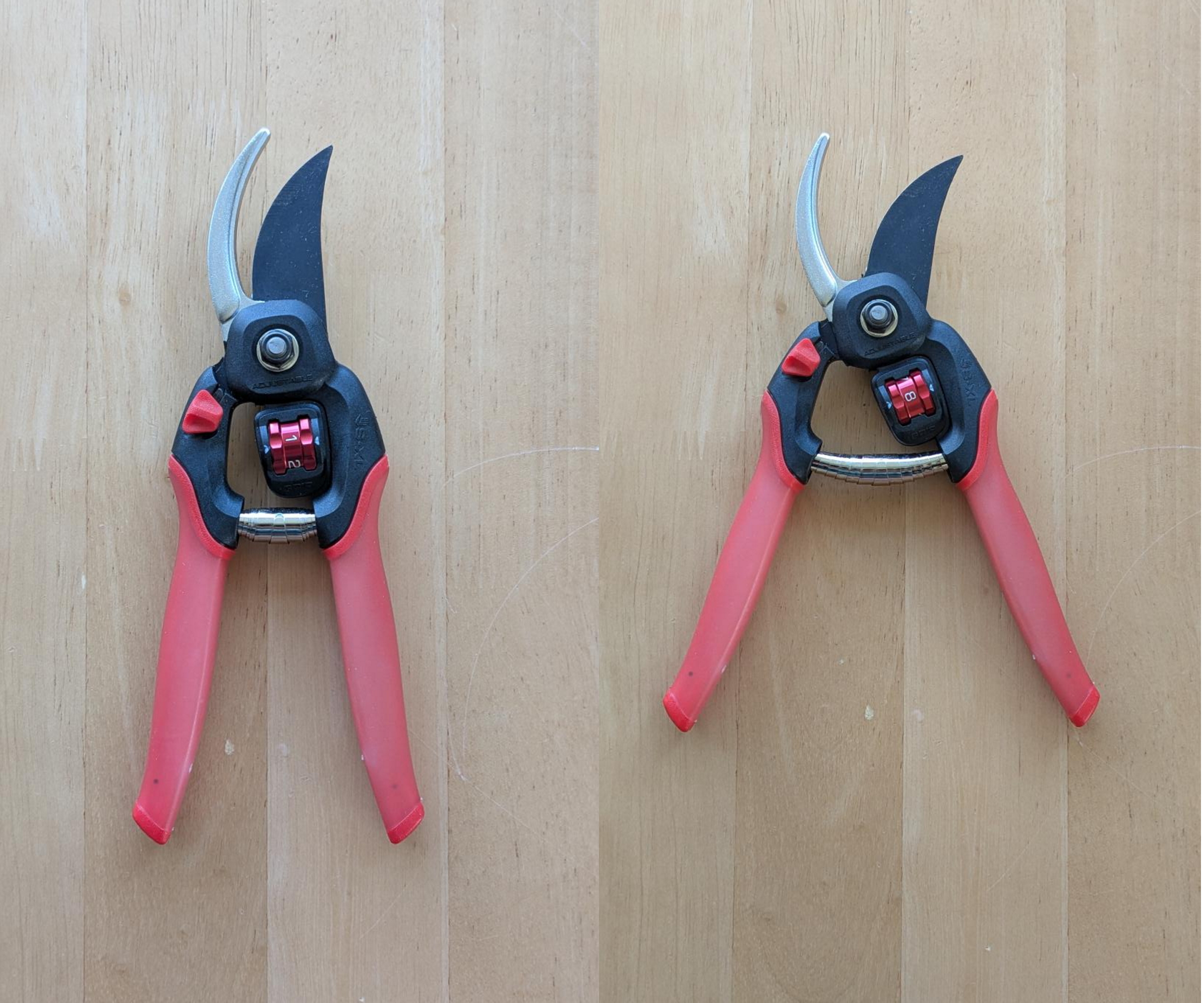 A pair of open Corona FlexDIAL ComfortGEL Bypass Pruner side by side to show the different ranges