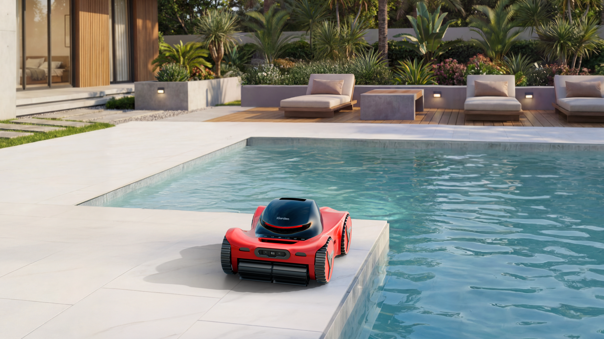 The iGarden Pool Cleaner M1 AI Series at poolside.