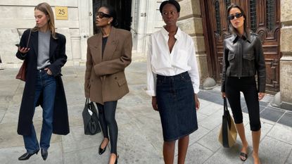 Collage of influencers wearing black and brown outfits, standing around Parisian streets for outfit photos.