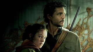 (L to R) Bella Ramsey and Pedro Pascal in front of entrails of an infected in The Last of Us poster