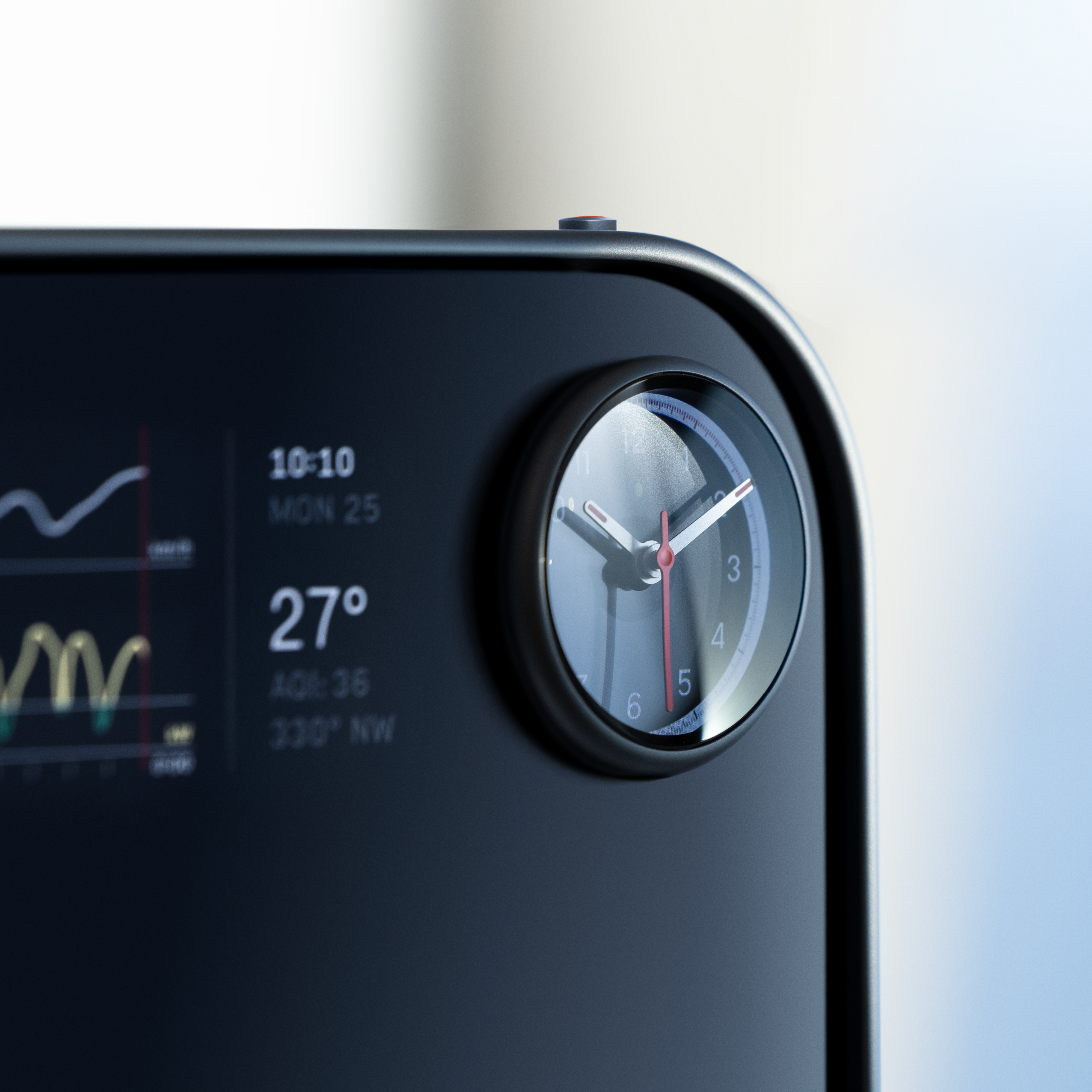 A detail of the multi-functional clock on the central screen: LoveFrom's horological experience is in evidence in every dial and digit