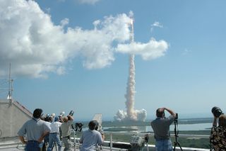 Space Shuttle Discovery launches on July 26. 2005 from NASA Kennedy Space Center on the historic Return to Flight mission STS-114, the first mission following the Columbia disaster.