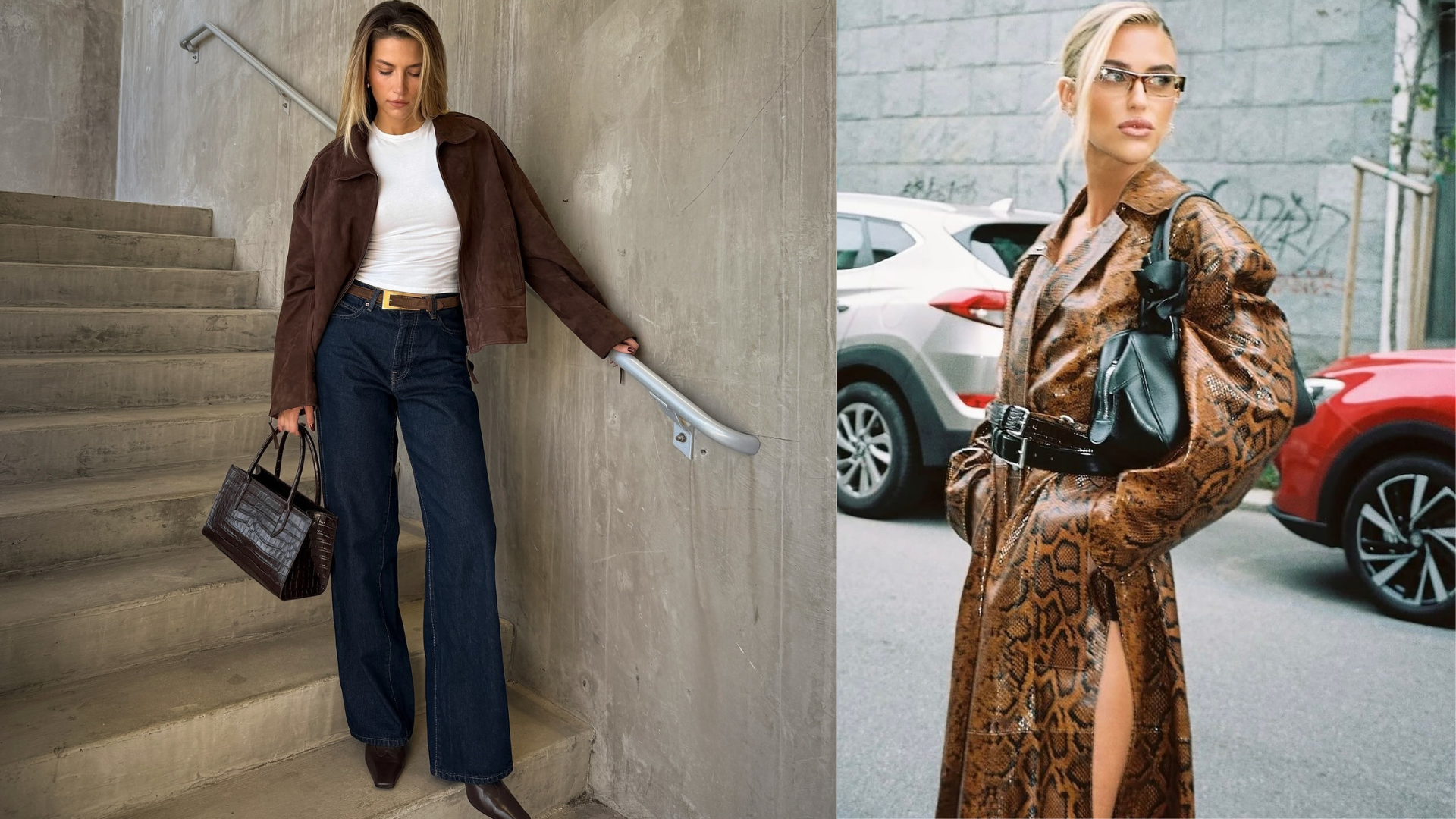 Cass Dimicco wears dark wash denim and brown suede jacket. Emili Sindlev wear belted snakeskin jacket. 