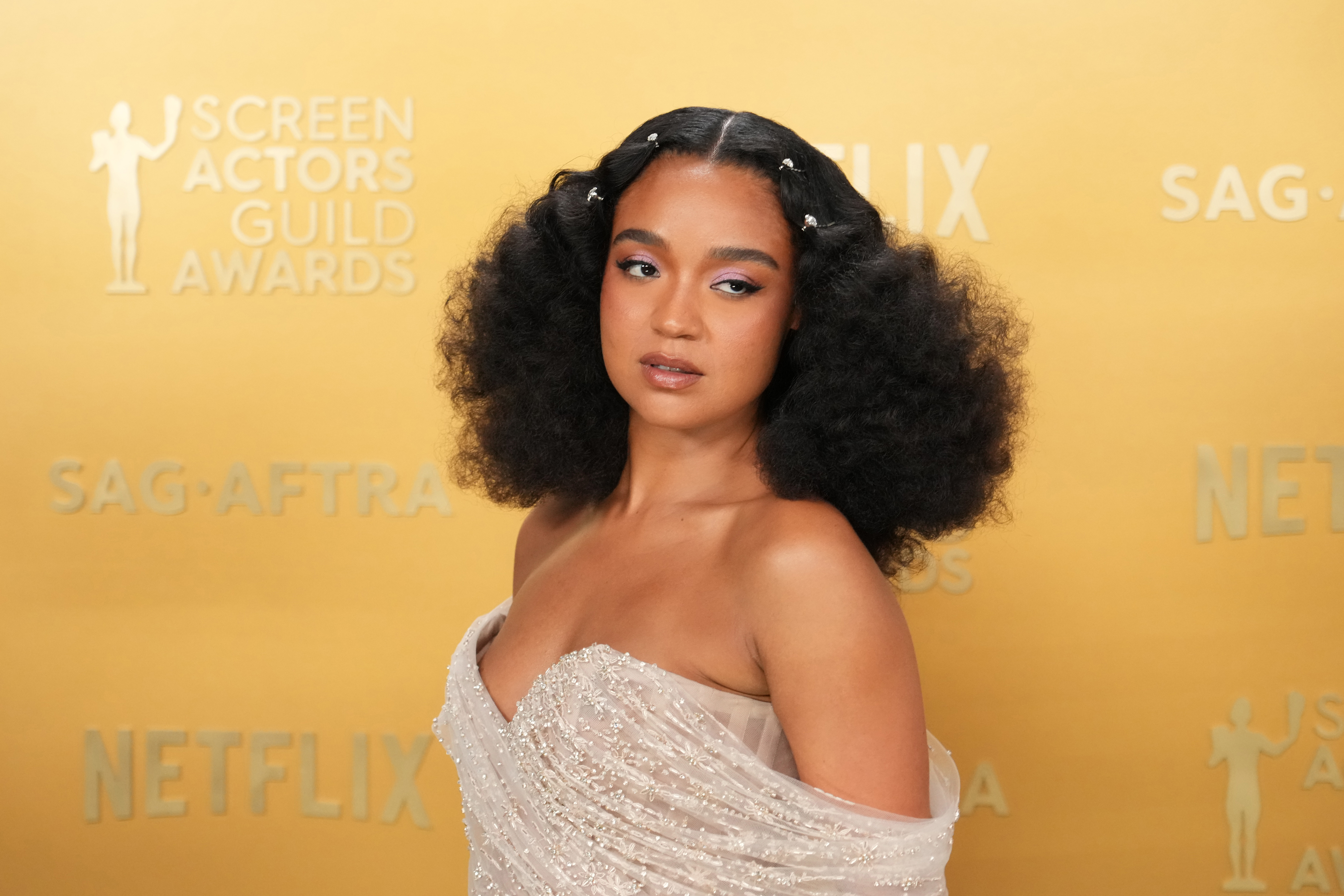 model with thick curly hair wearing four rhinestone hair clips